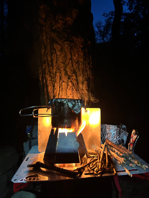 Backcountry Camp · Wood Burning Stove Setup · Night Cook